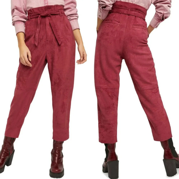 Free People Nightfall Paperbag Faux Suede Pants Wine Red 22364 - Picture 1 of 14